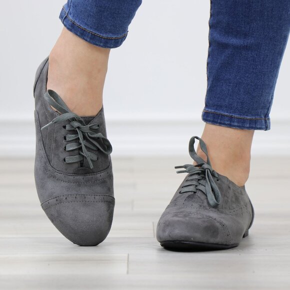 Gray Faux Suede Oxford Lace Up Brogue Detailing Low Heel - Picture 9 of 12